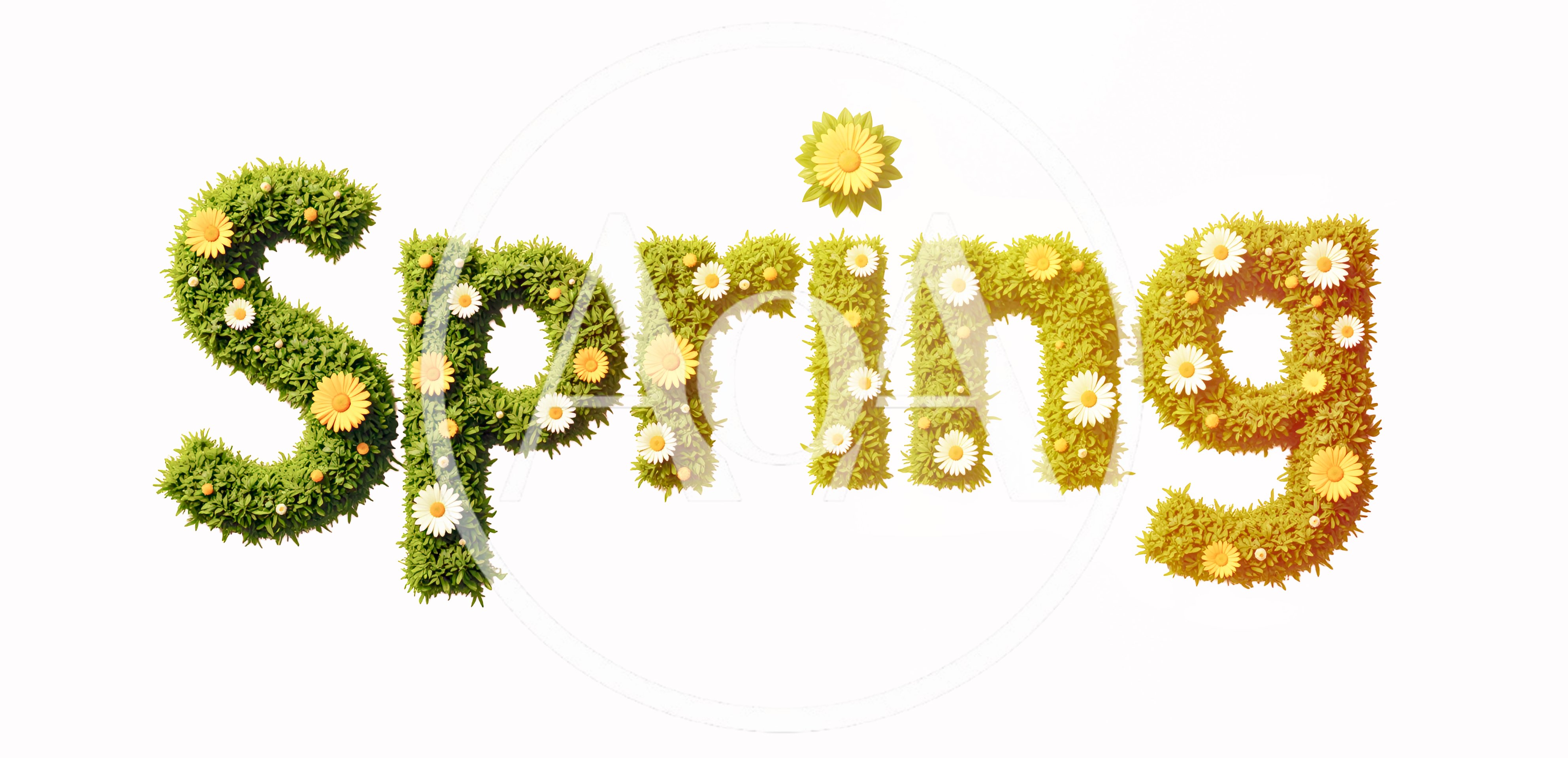 3D Rendered Spring Text With Flowers And Grass