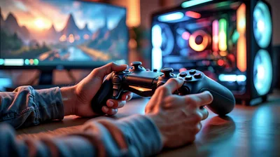 Gamer Holding Controller In Front Of Gaming PC