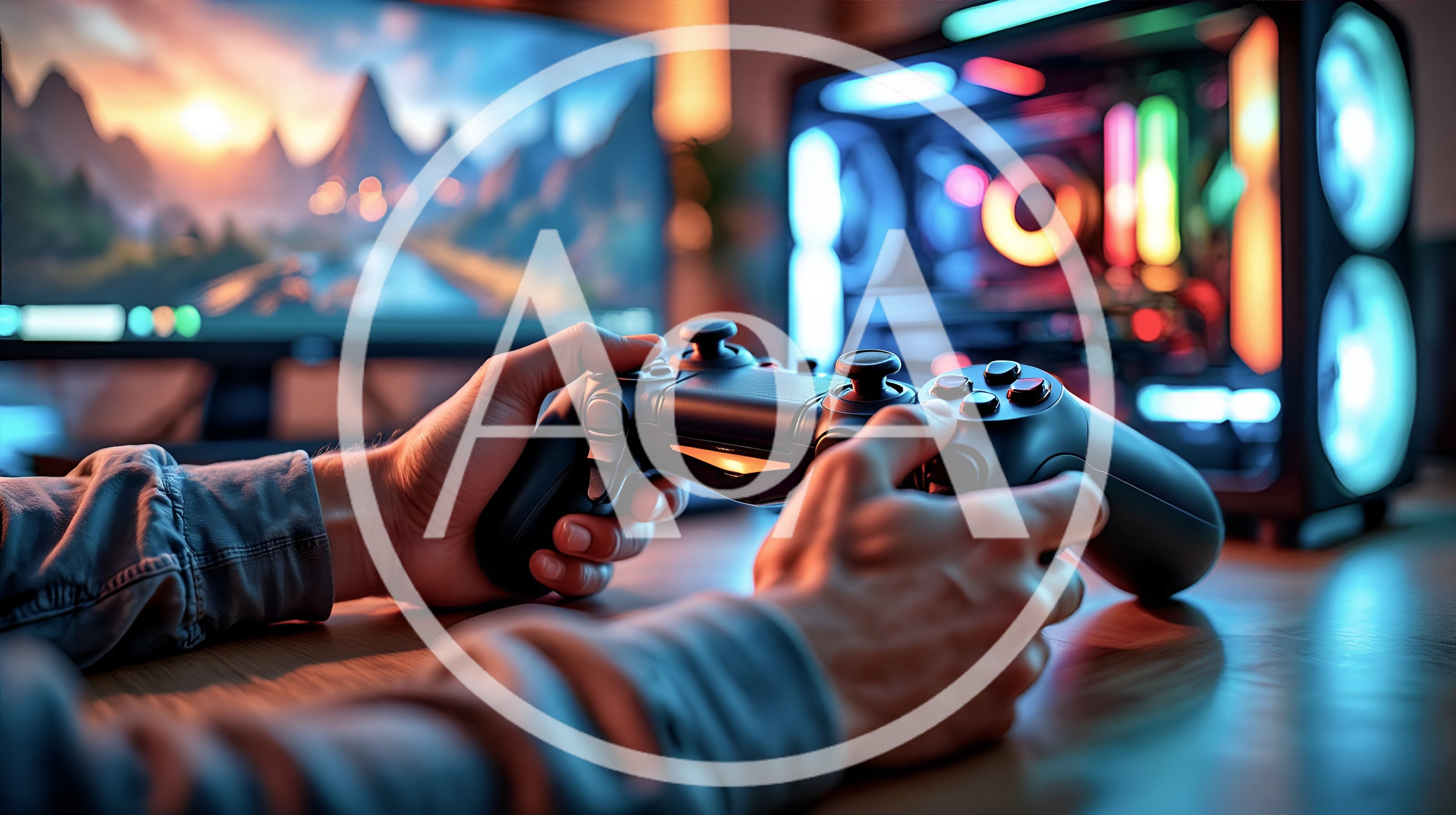 Gamer Holding Controller In Front Of Gaming PC