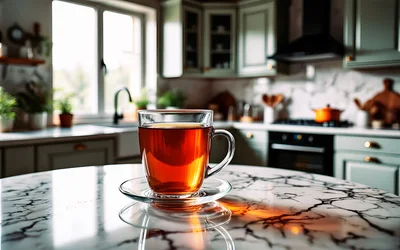 Glass Cup Of Tea On Marble Kitchen Counter
