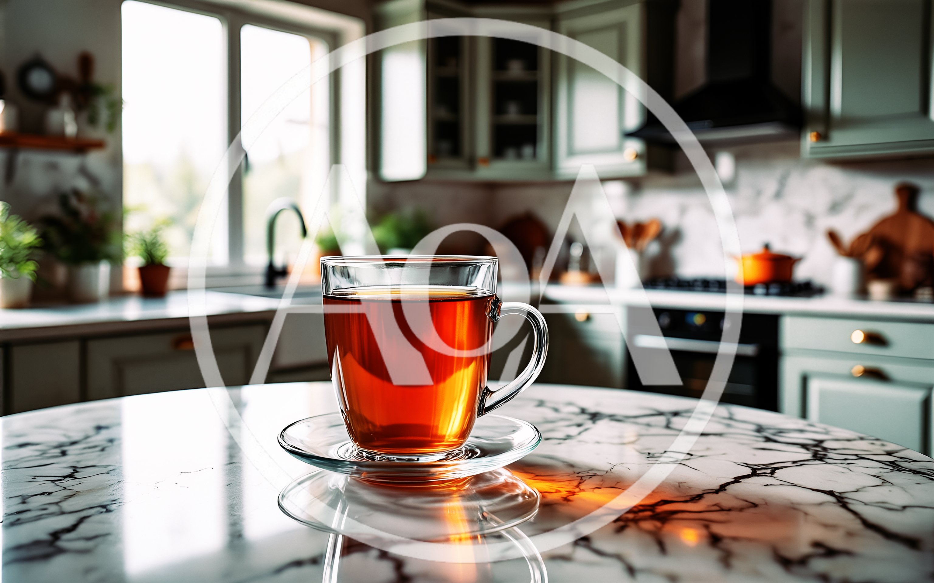 Glass Cup Of Tea On Marble Kitchen Counter
