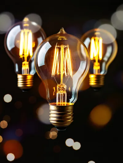 Three Glowing Vintage Edison Light Bulbs
