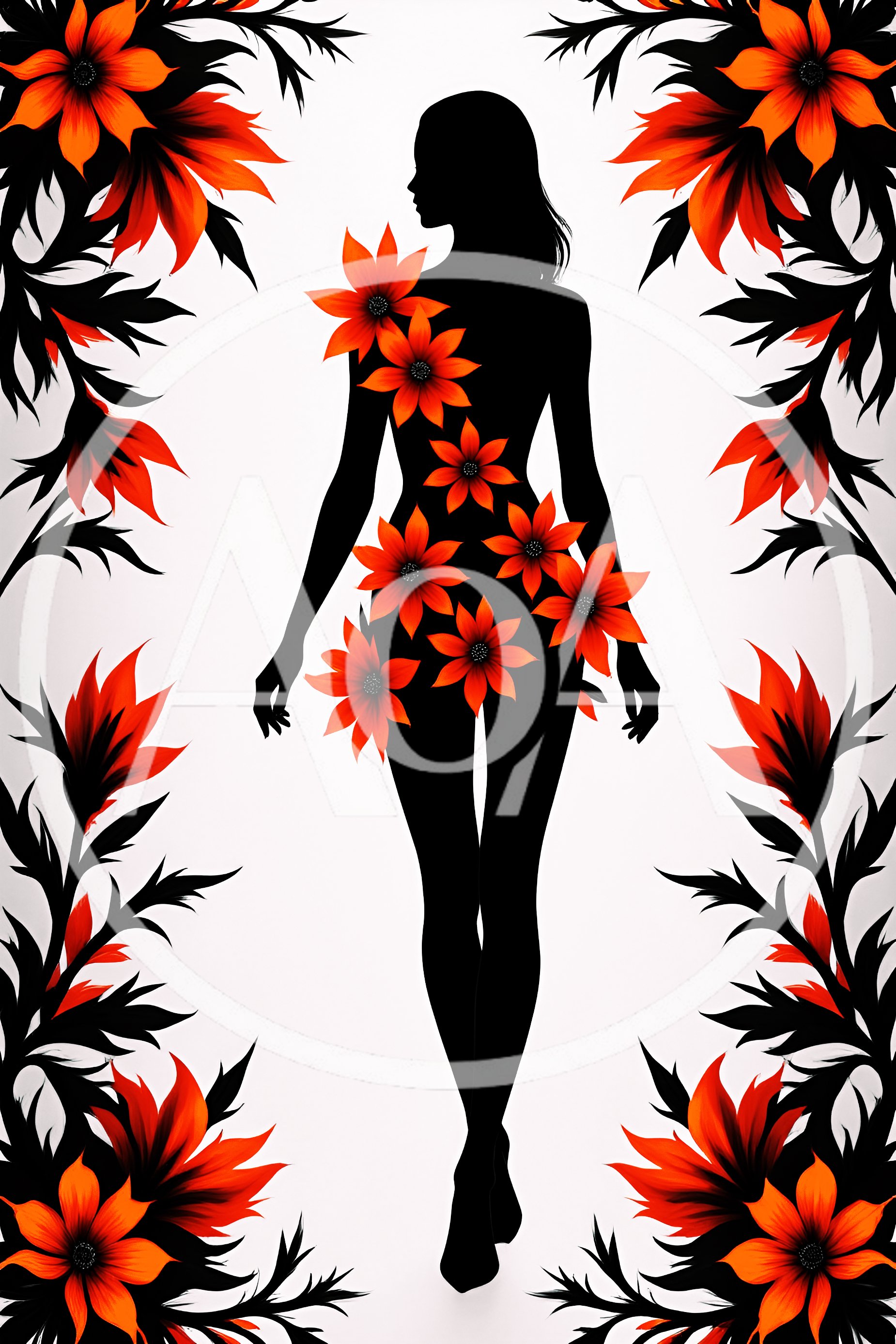 Silhouette Of A Woman Adorned With Orange Flowers