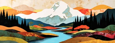 Stylized Mountain Landscape With River And Pine Forest