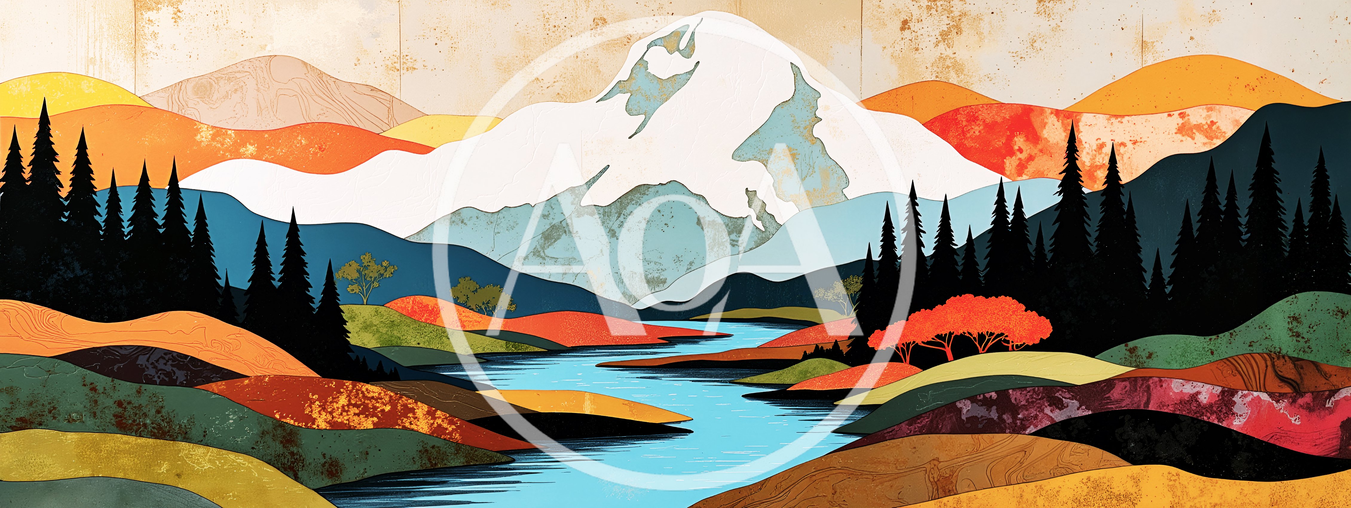 Stylized Mountain Landscape With River And Pine Forest