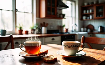 Two Cups Of Tea On A Sunny Kitchen Table