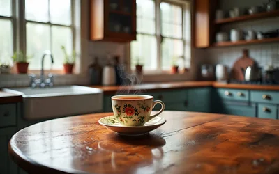Steaming Floral Teacup On A Rustic Wooden Table