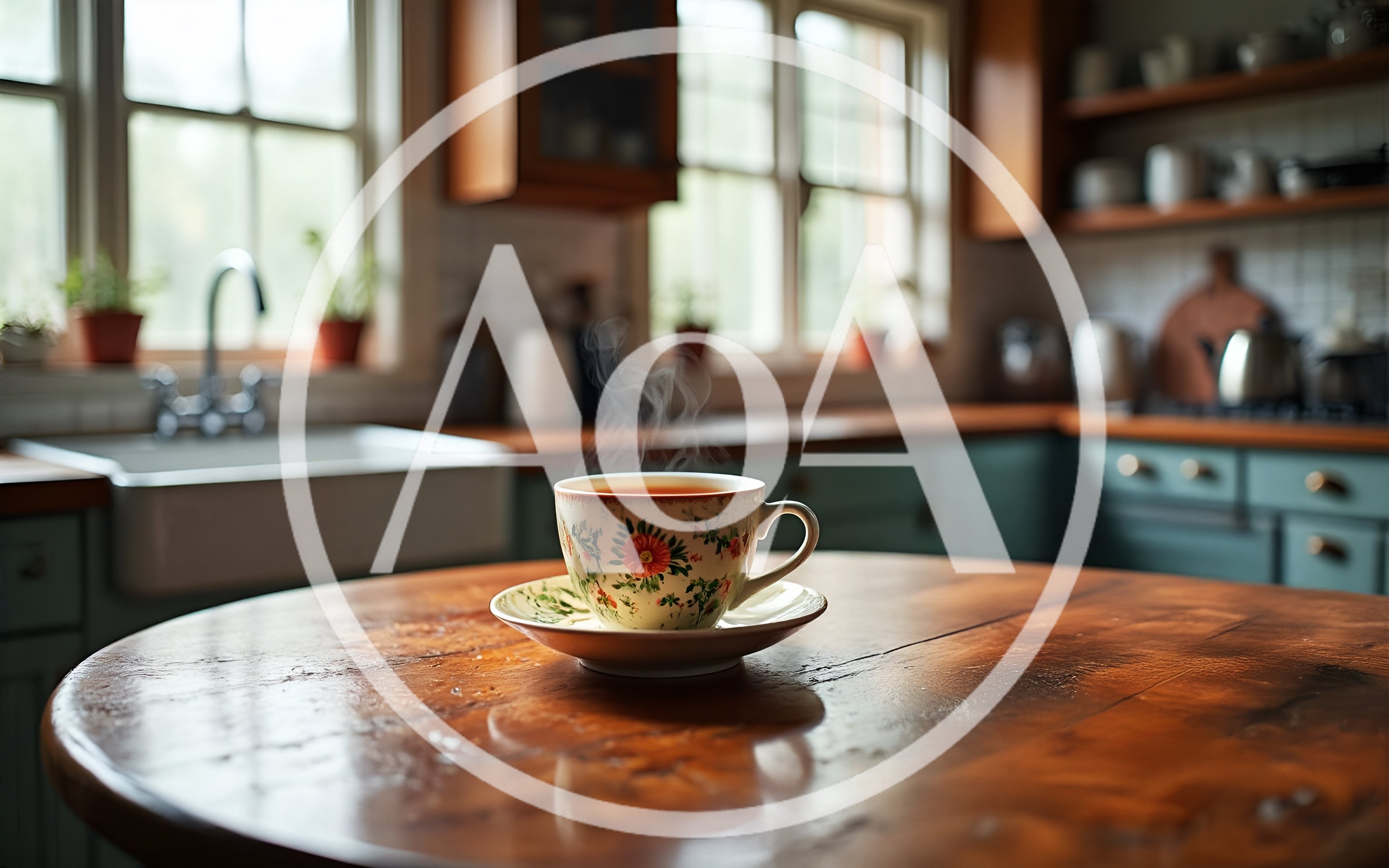 Steaming Floral Teacup On A Rustic Wooden Table