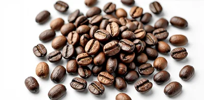 Roasted Coffee Beans Scattered On White Background