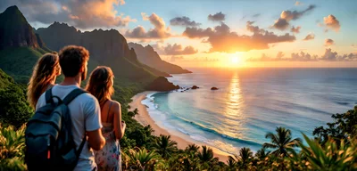 Hikers Enjoying Sunset Over Tropical Coastal Landscape