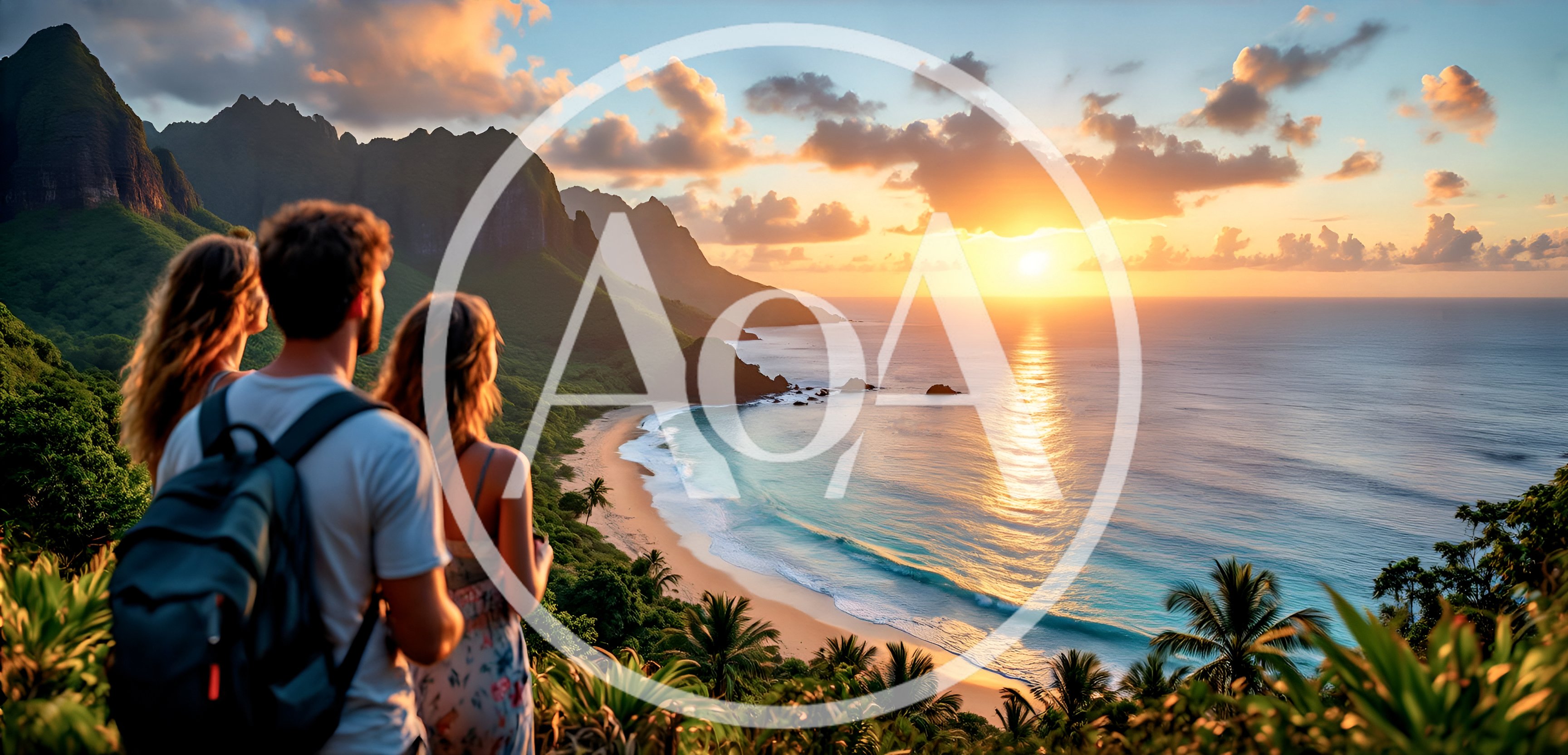 Hikers Enjoying Sunset Over Tropical Coastal Landscape