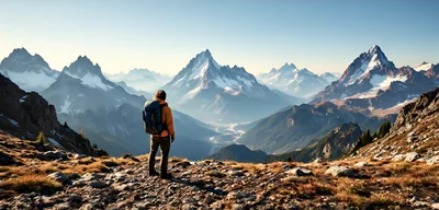 Hiker Standing On Mountain Peak Overlooking Alpine Valley