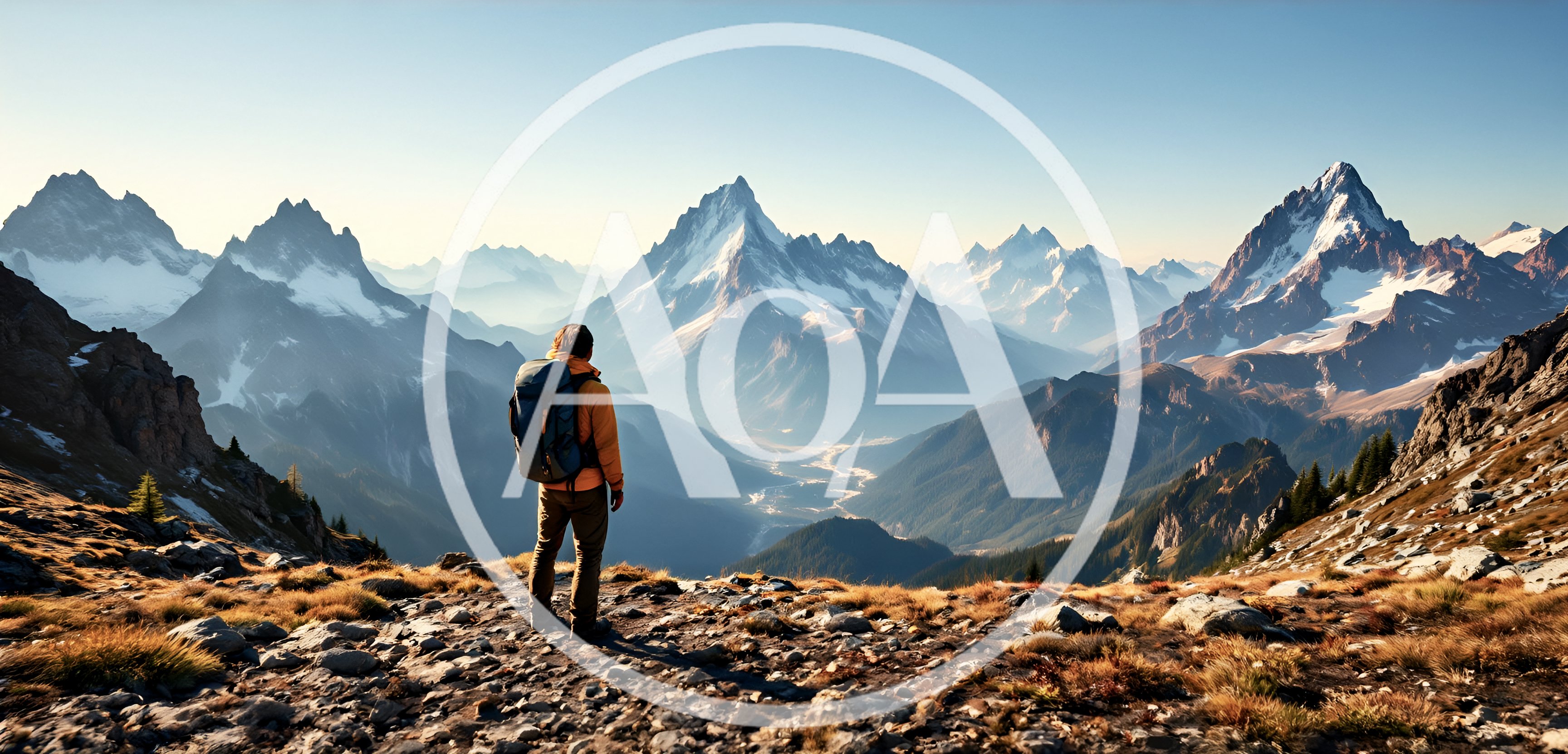 Hiker Standing On Mountain Peak Overlooking Alpine Valley