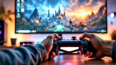 Gamer Holding Controller Playing Video Game