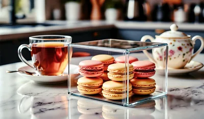 Macarons in Glass Box with Tea on Marble Table
