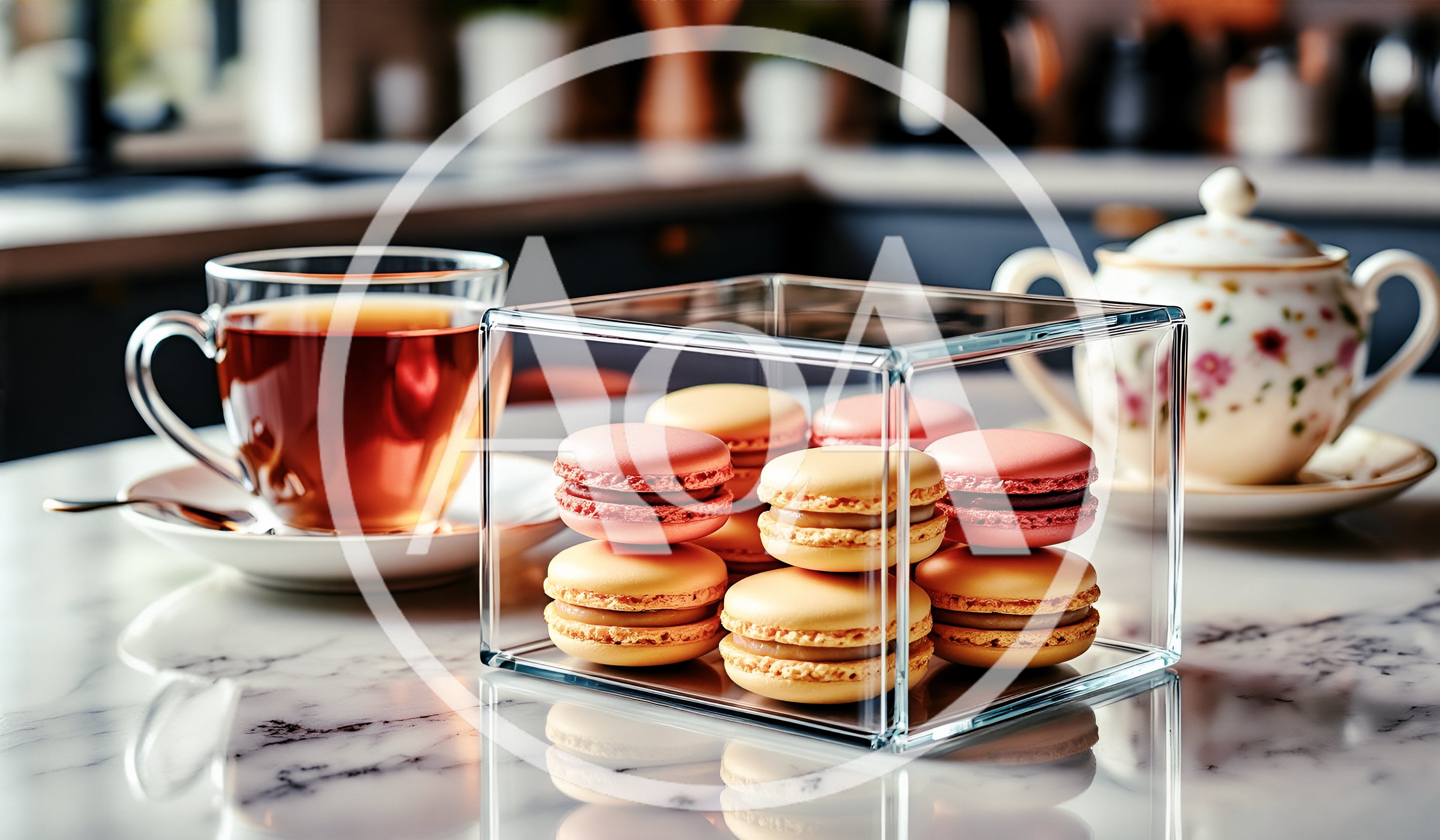 Macarons in Glass Box with Tea on Marble Table