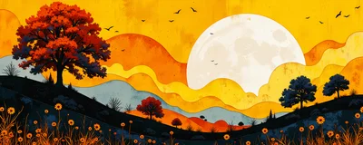 Stylized Autumn Landscape With Large Moon And Trees