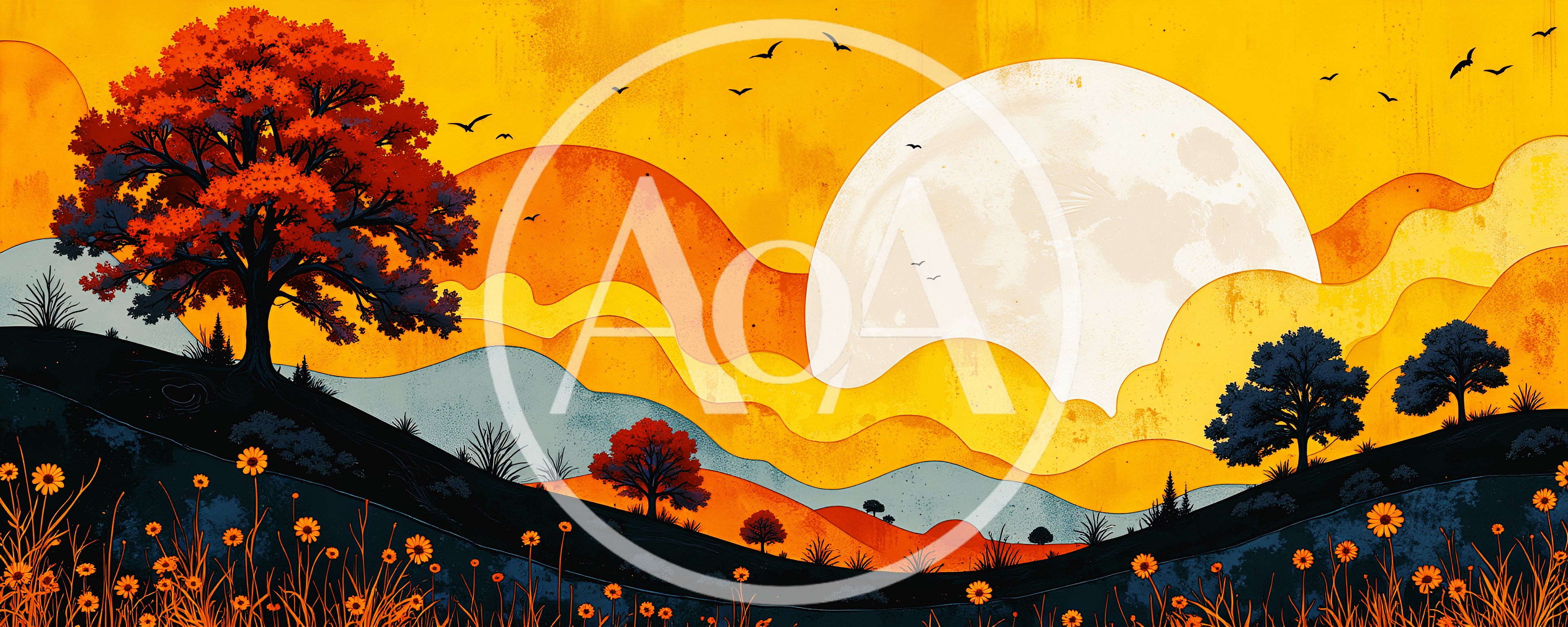 Stylized Autumn Landscape With Large Moon And Trees