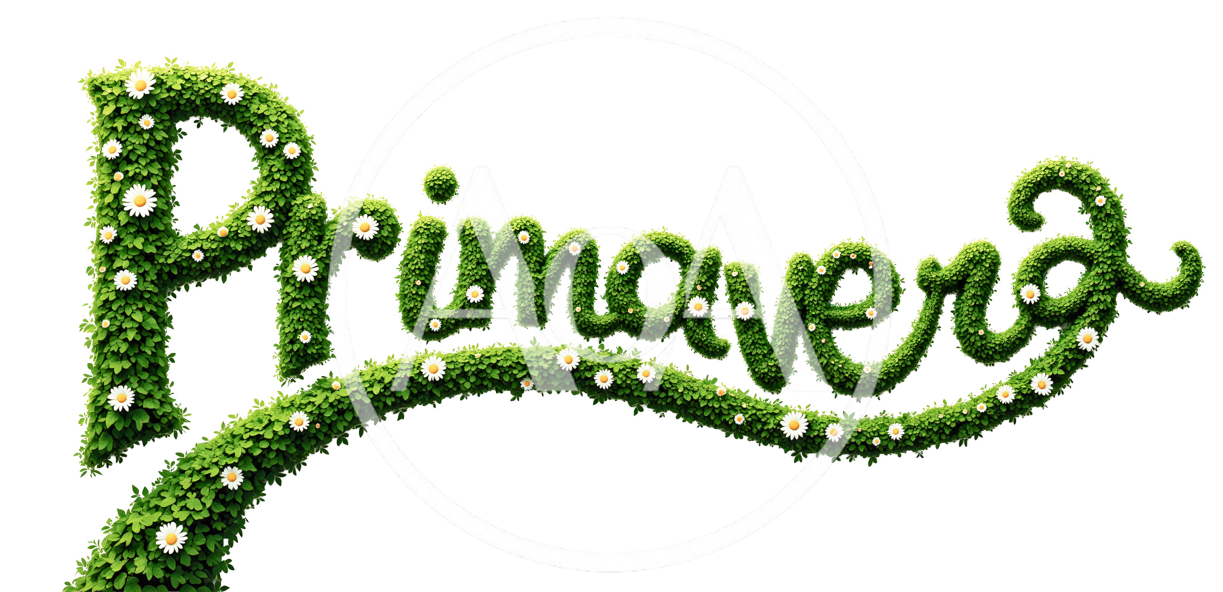 Spring Text Made Of Green Leaves And Daisies