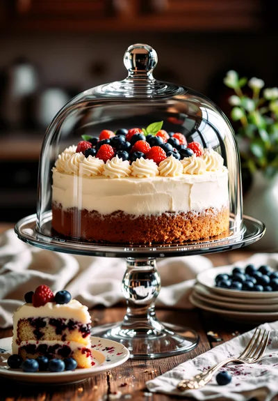 Berry Topped Cheesecake Under Glass Cake Dome
