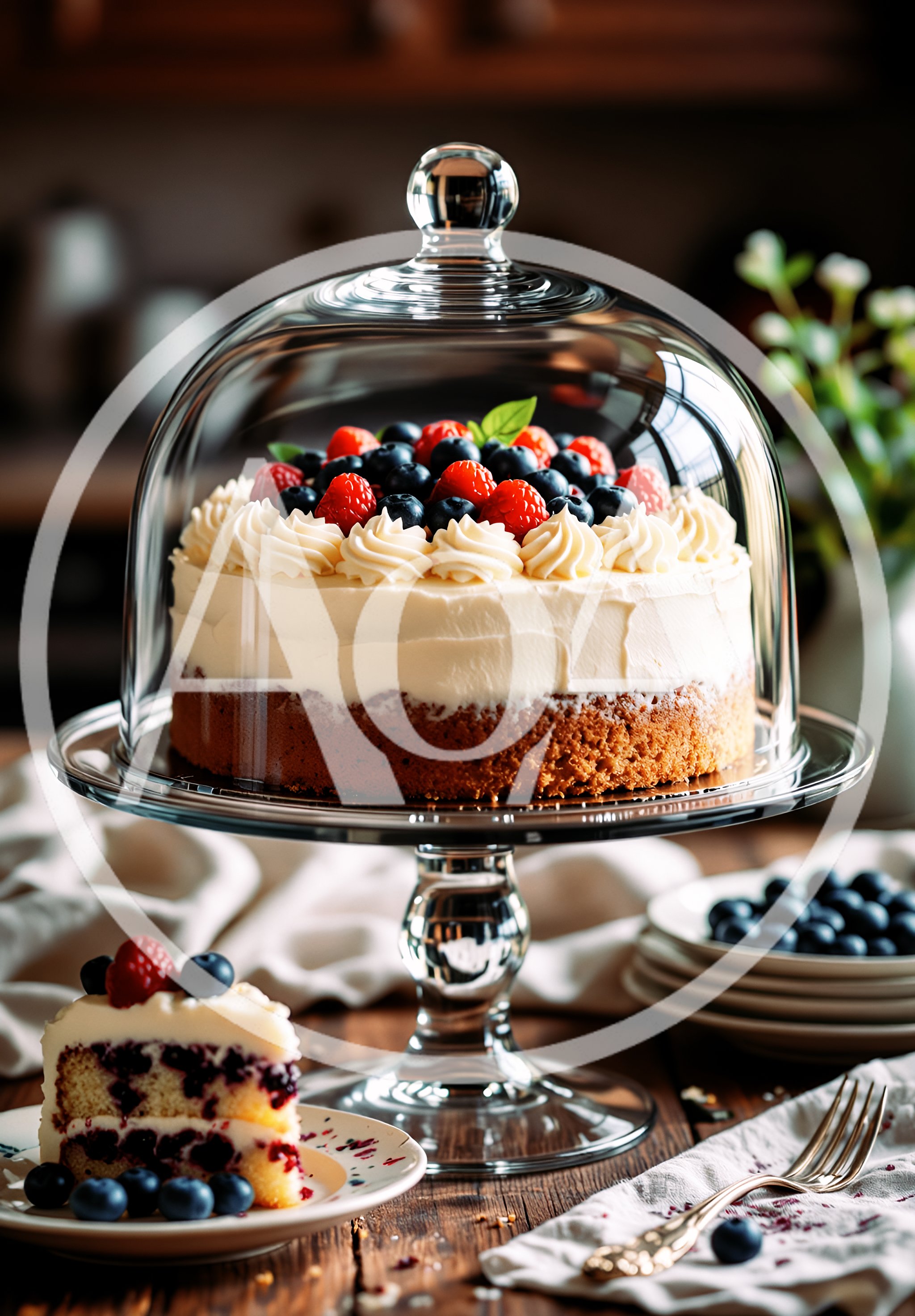 Berry Topped Cheesecake Under Glass Cake Dome
