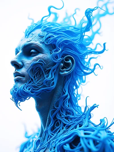 Surreal Blue Humanoid Figure With Flowing Tentacle Hair