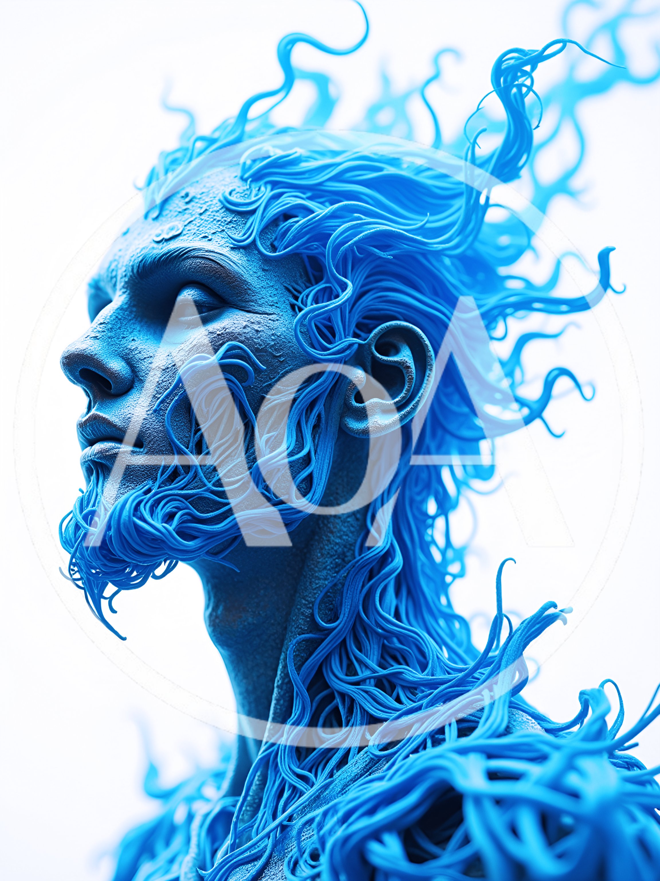 Surreal Blue Humanoid Figure With Flowing Tentacle Hair