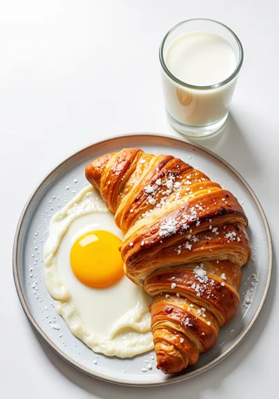 Croissant With Fried Egg And Milk On Plate
