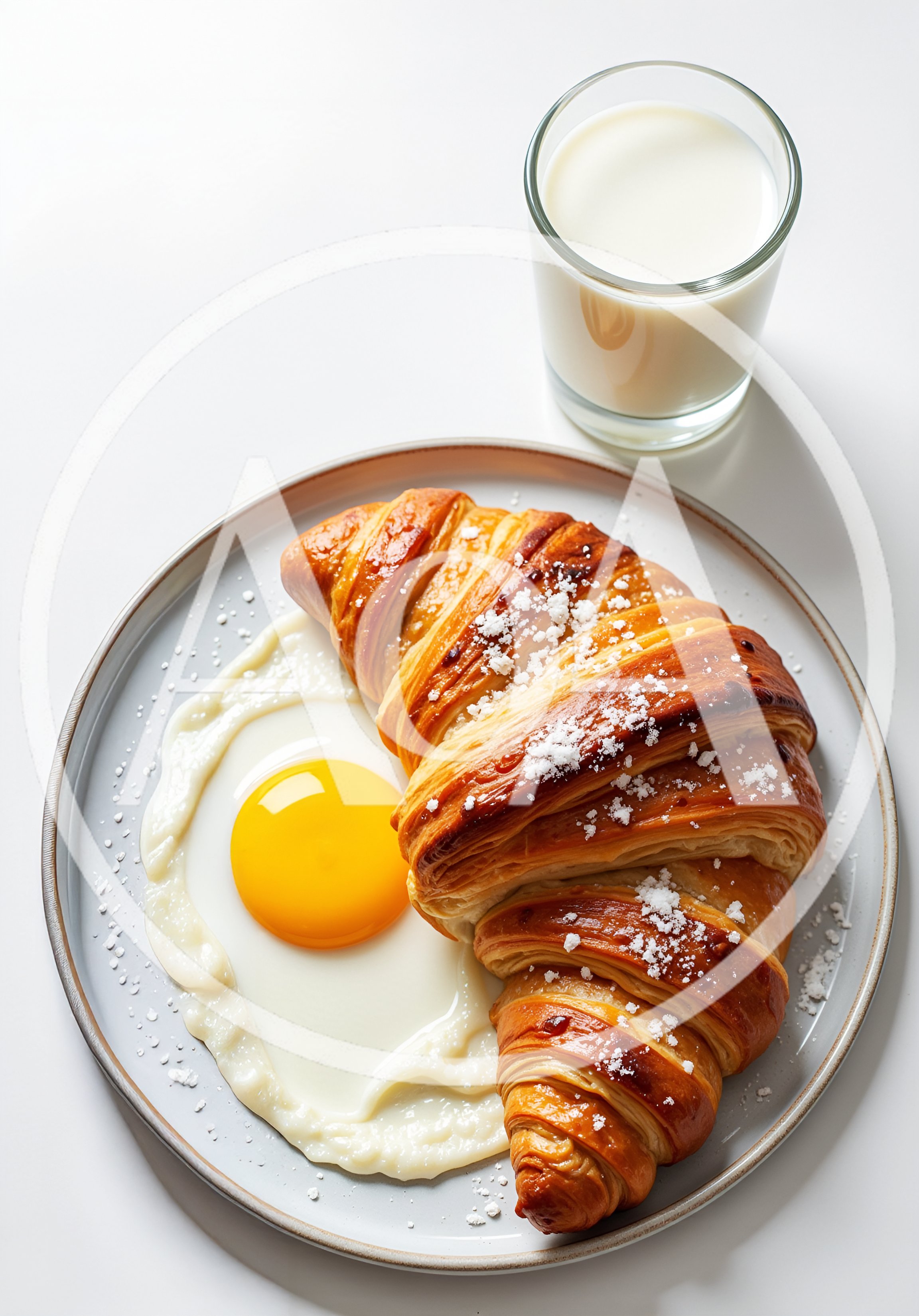 Croissant With Fried Egg And Milk On Plate