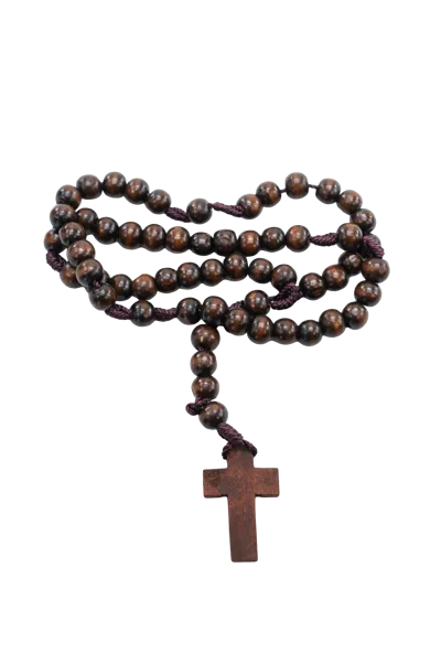 Wooden Rosary Beads With Cross Isolated On White