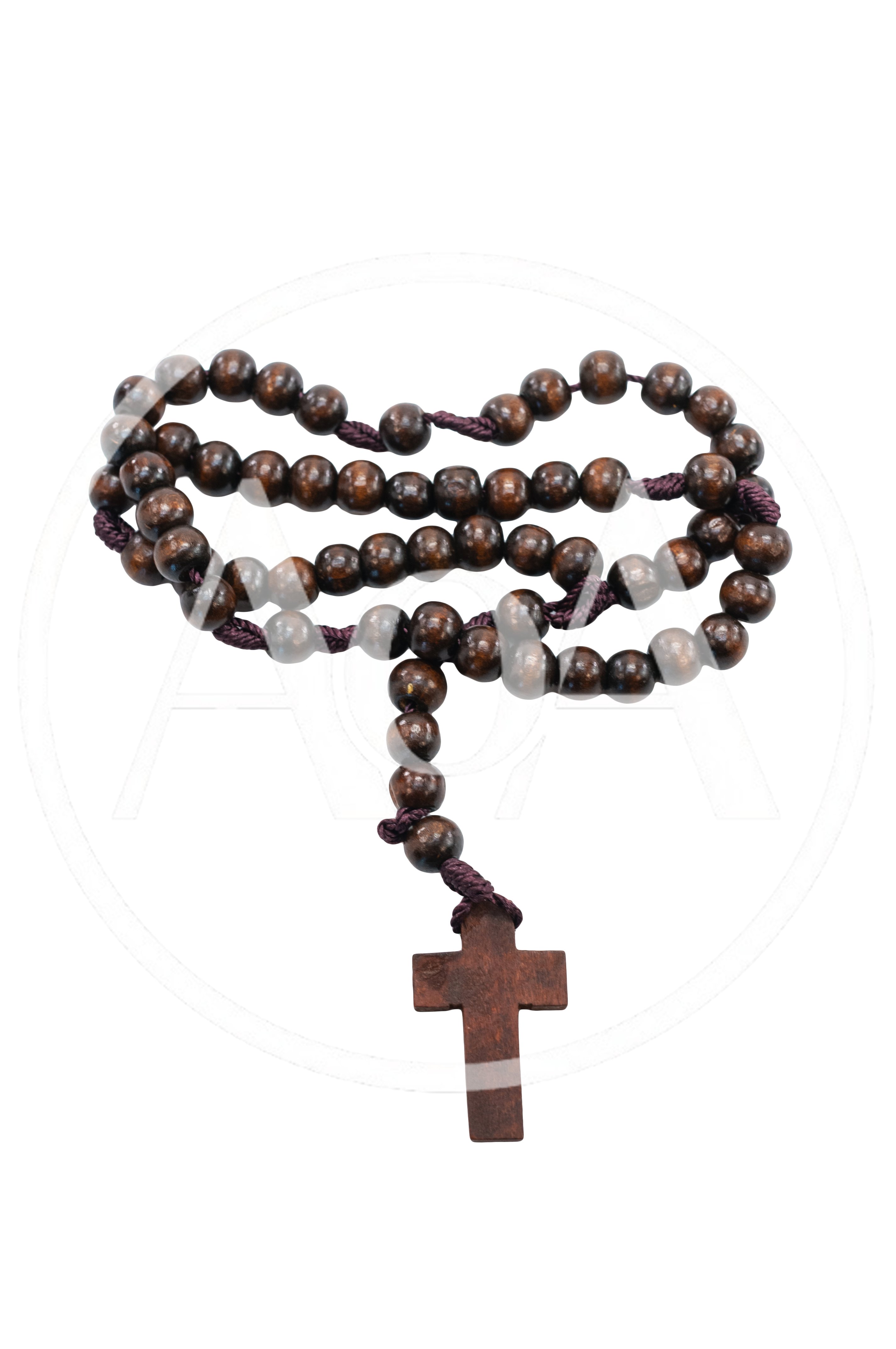 Wooden Rosary Beads With Cross Isolated On White