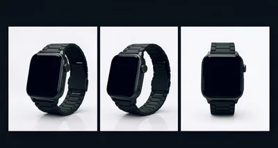 Three Views Of A Black Smartwatch With Metal Band