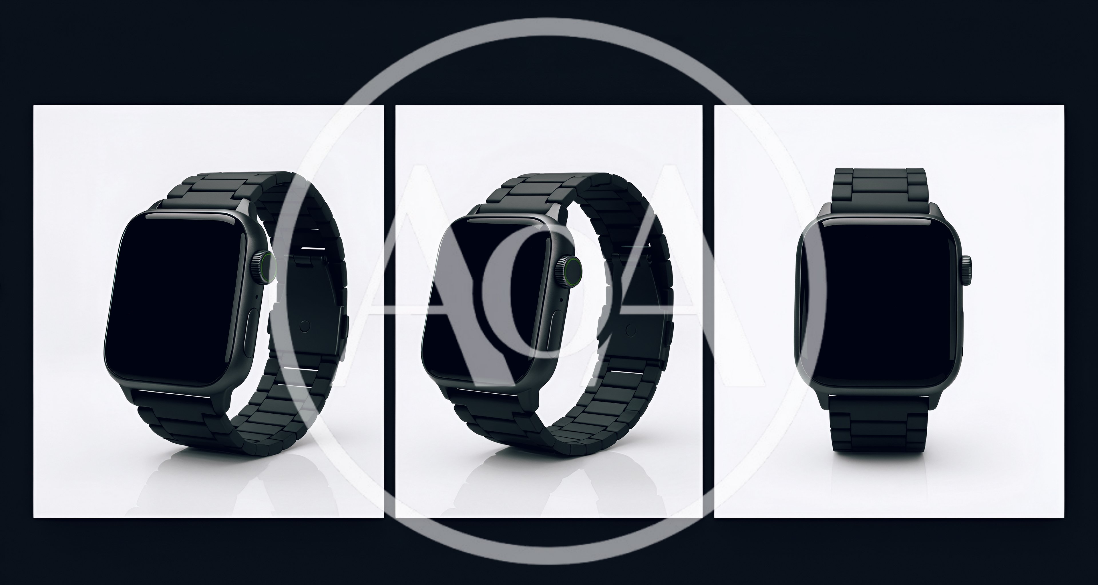 Three Views Of A Black Smartwatch With Metal Band