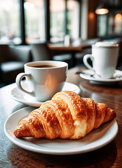 Fresh Croissant And Coffee On A Cafe Table