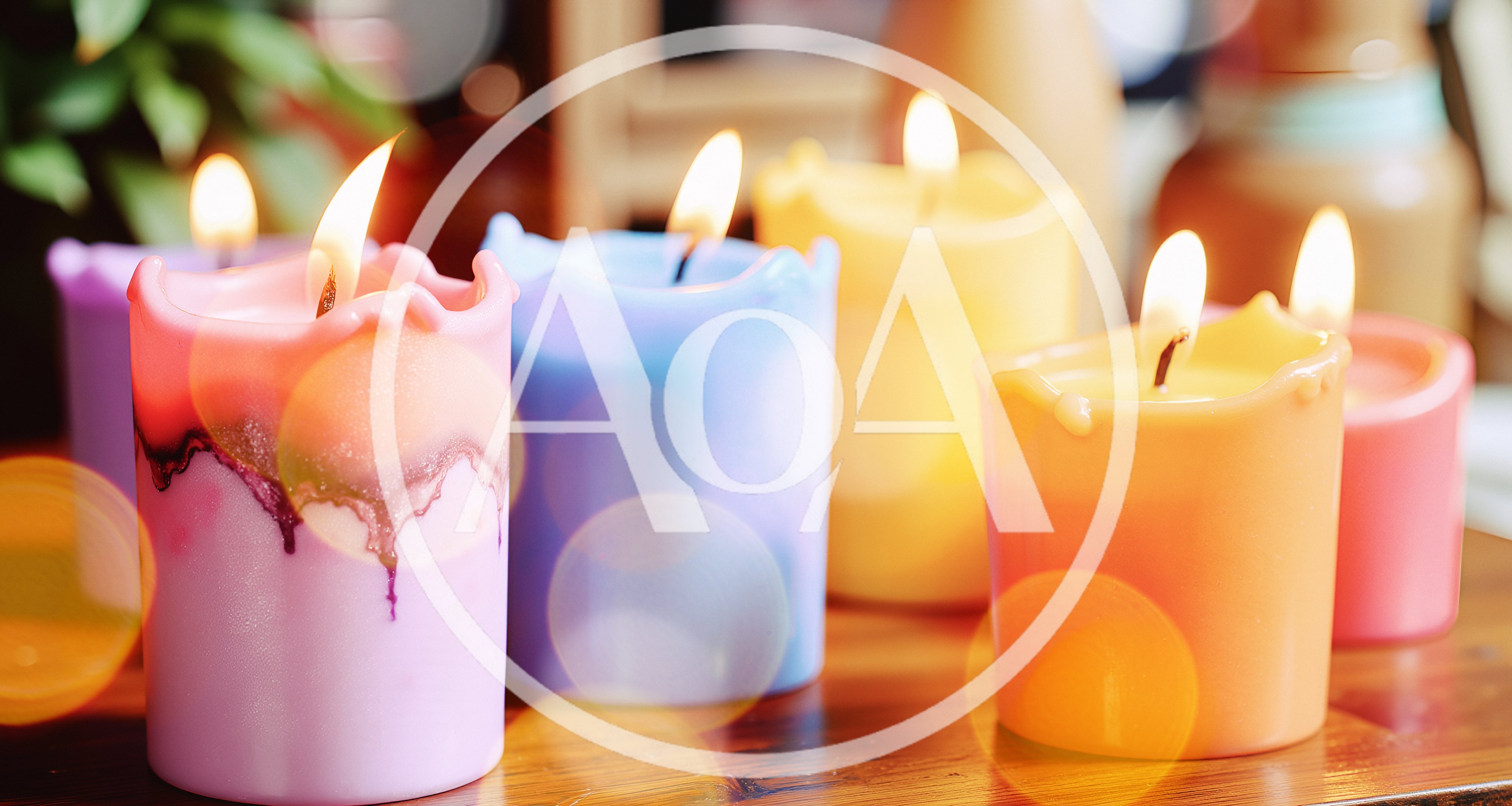 Colorful Lit Pillar Candles On A Wooden Table