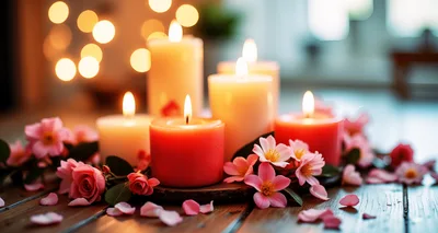 Romantic Candles And Pink Flowers On Wooden Table