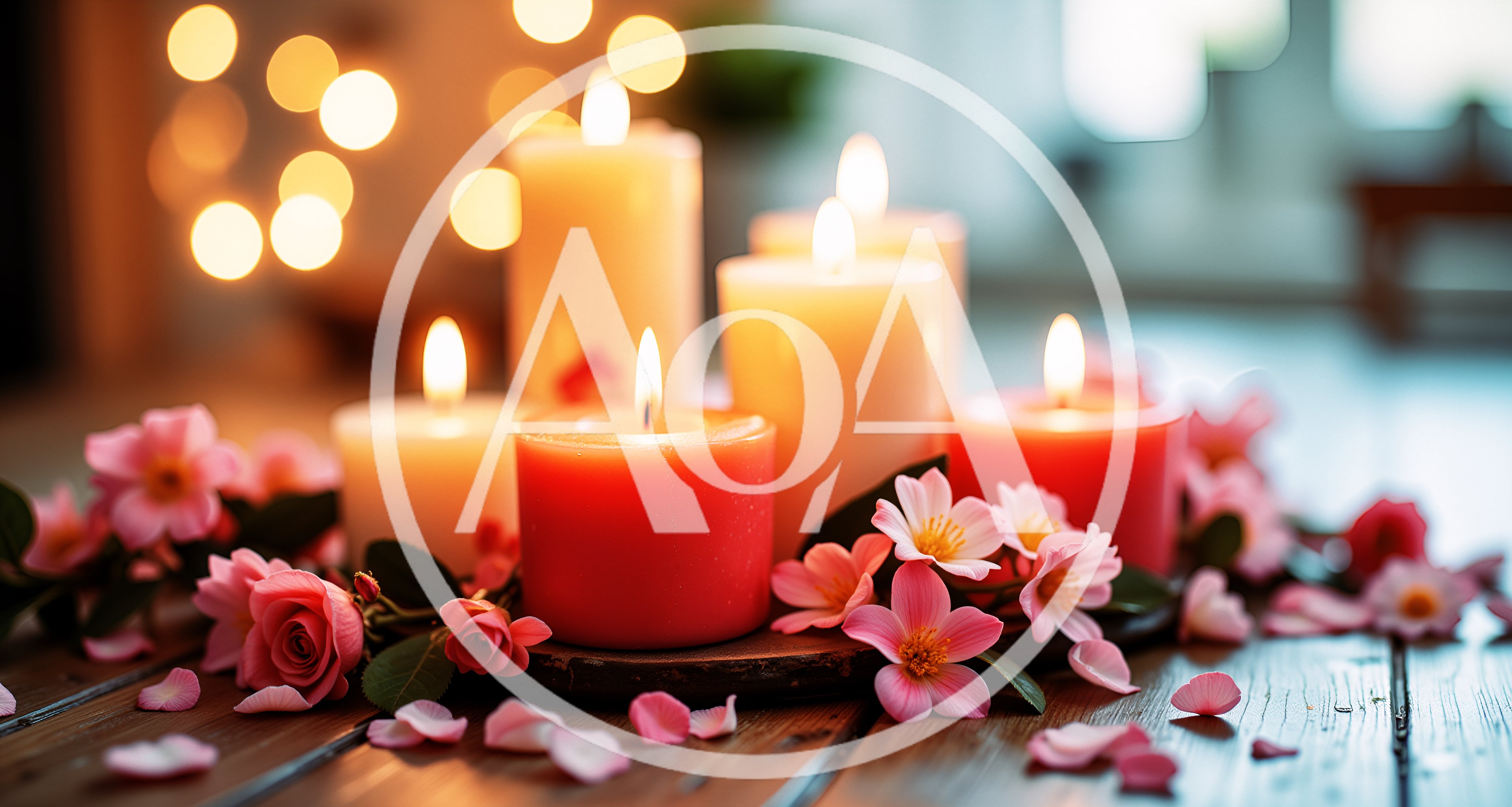 Romantic Candles And Pink Flowers On Wooden Table