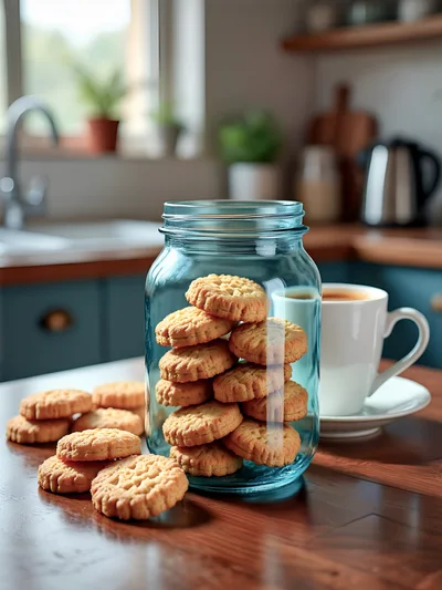 Glass Jar Filled With Shortbread Cookies On Kitchen Table