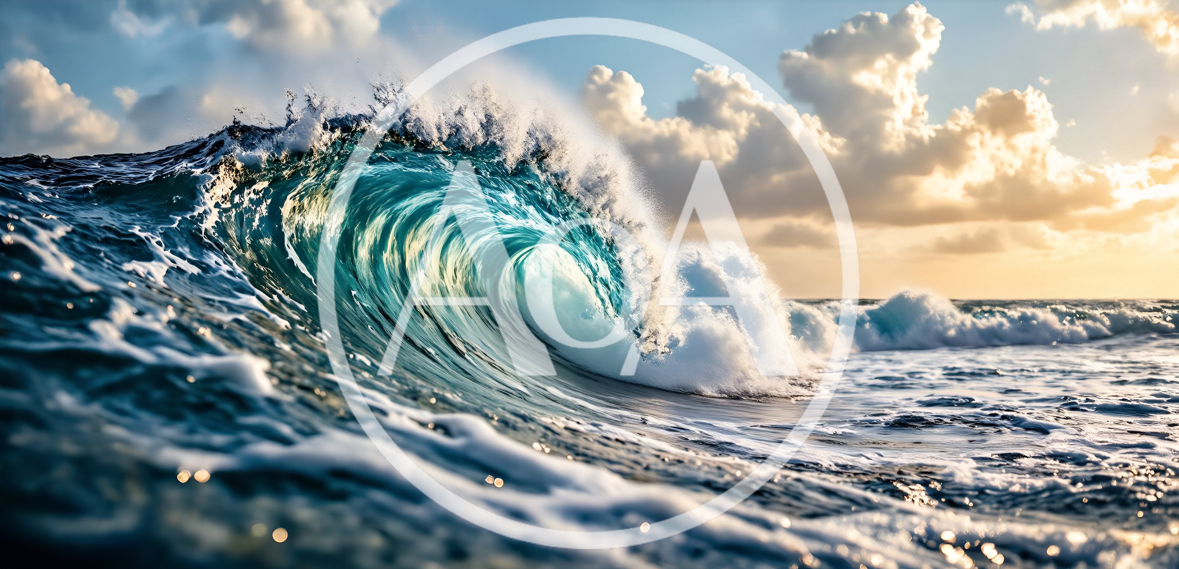Powerful Ocean Wave Breaking At Sunset