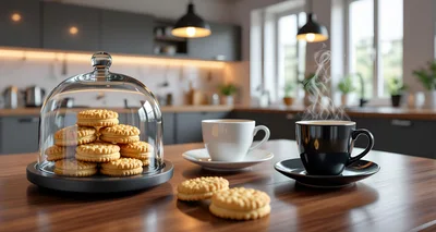Cookies Under Glass Dome With Coffee On Kitchen Table