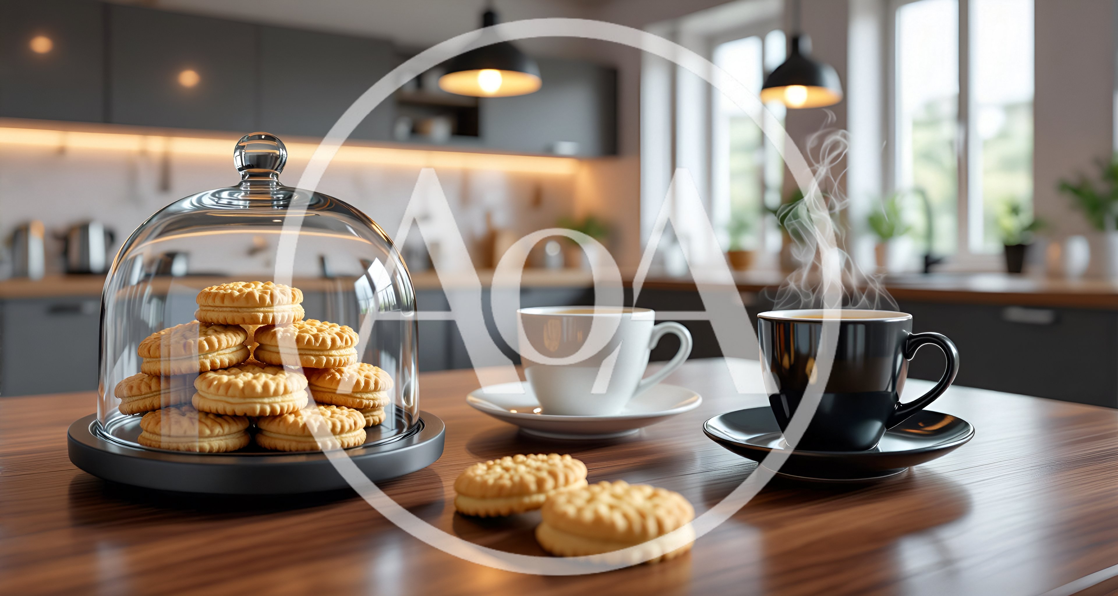 Cookies Under Glass Dome With Coffee On Kitchen Table