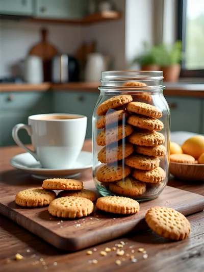 Glass Jar Filled With Cookies On Wooden Table