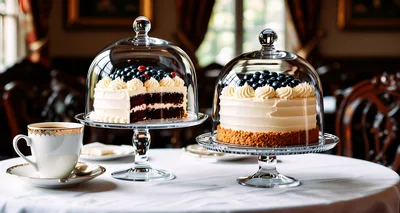 Two Cakes Under Glass Domes On A Table