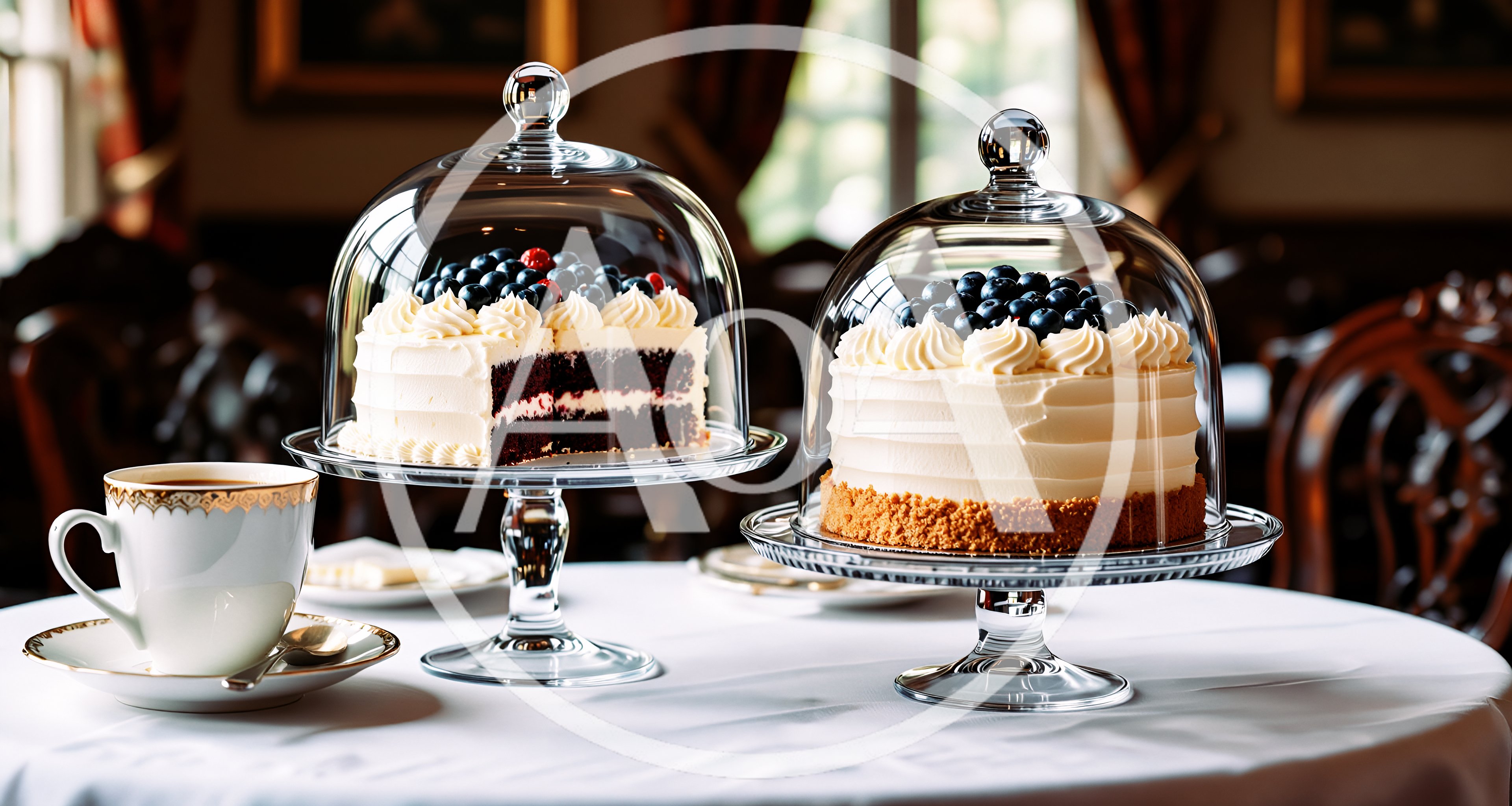 Two Cakes Under Glass Domes On A Table