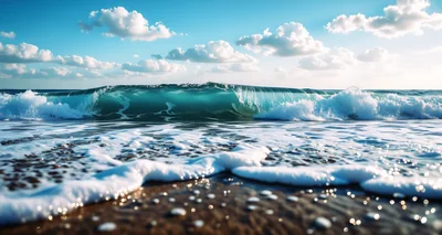 Turquoise Ocean Wave Breaking On Sandy Beach