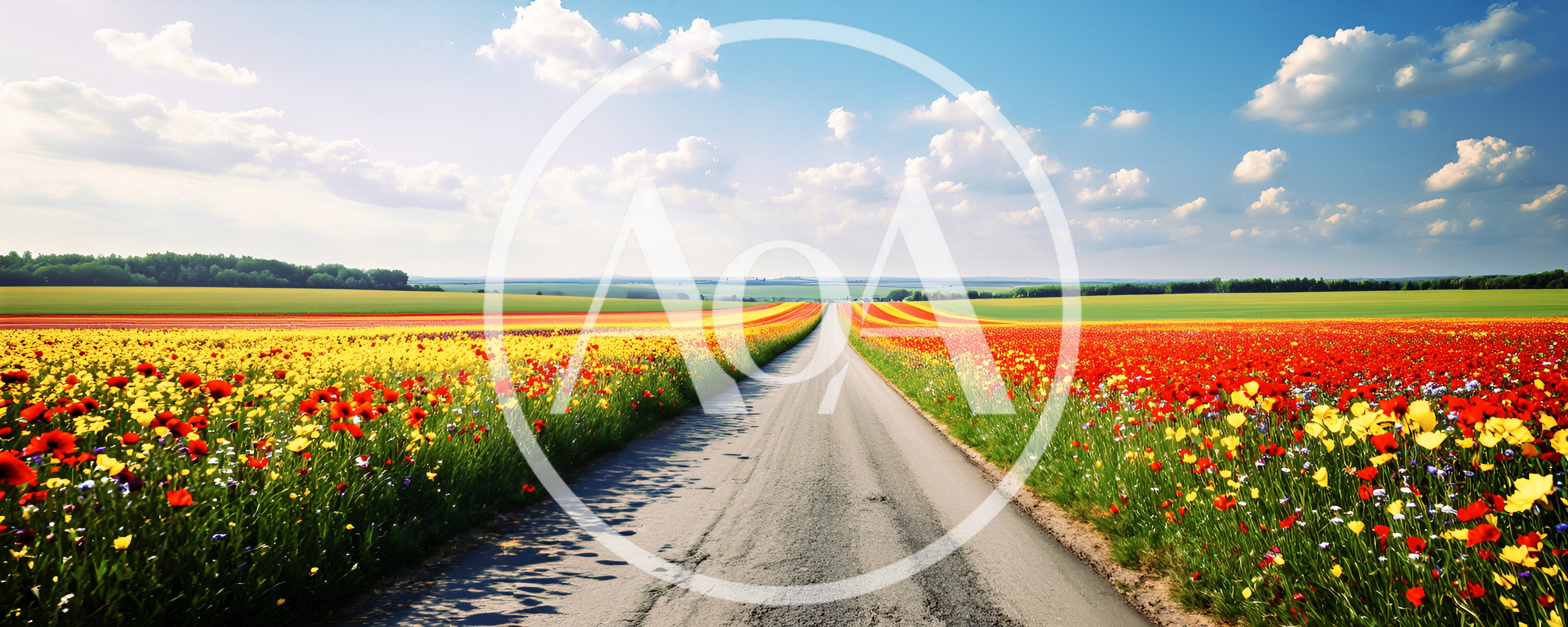 Empty Country Road Through Vibrant Wildflower Fields