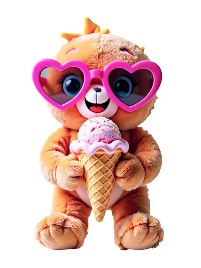 Cute Plush Bear Wearing Heart Shaped Sunglasses Eating Ice Cream