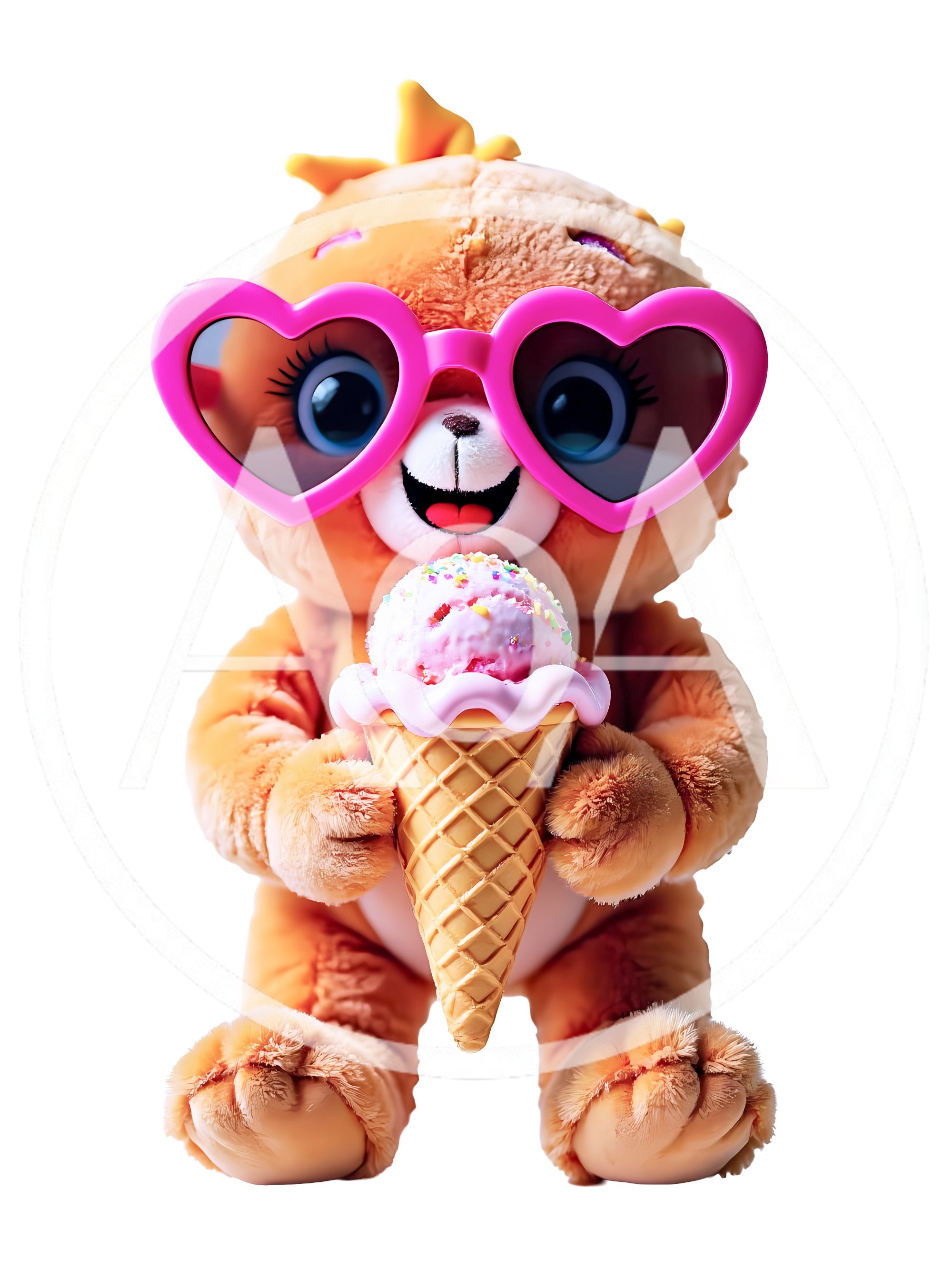 Cute Plush Bear Wearing Heart Shaped Sunglasses Eating Ice Cream