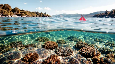 Split Level View Of Tropical Coral Reef And Sailboat