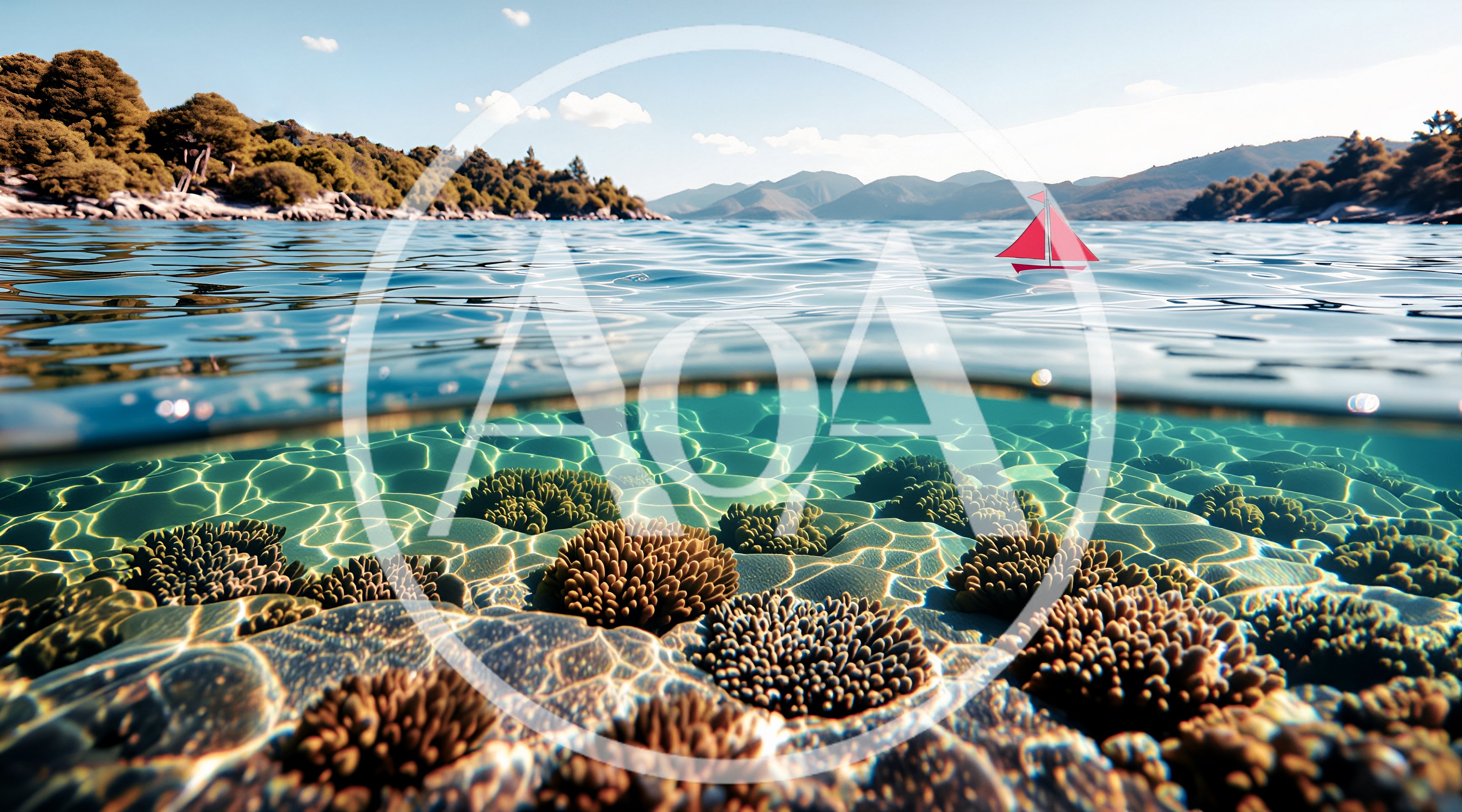 Split Level View Of Tropical Coral Reef And Sailboat